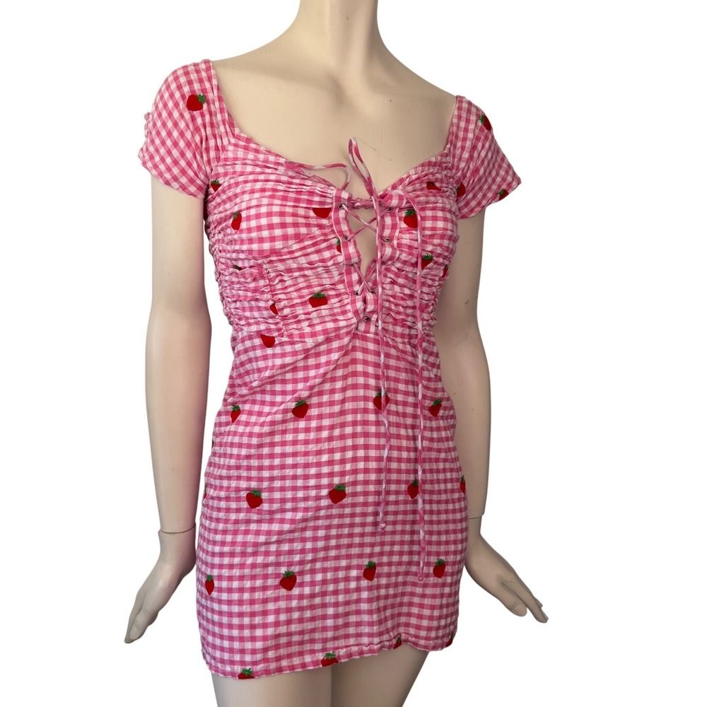 PrettyLittleThing Mini Dress Gingham Strawberry Lace Up Pink Coquette Girl Sz 4